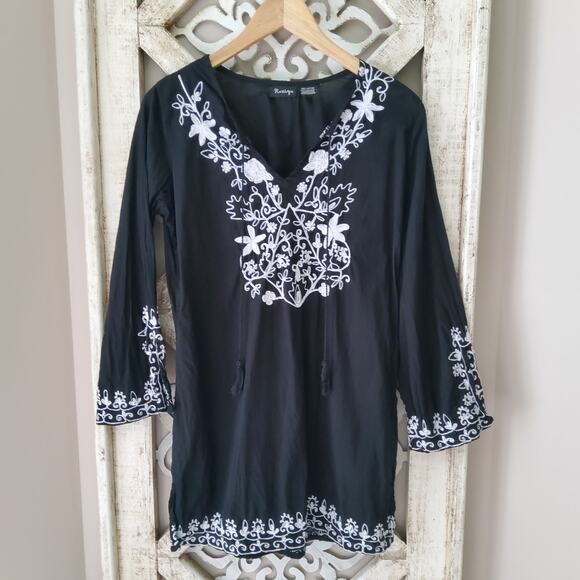 Raviya Women's 3/4 Sleeve Floral Embroidered Tassel Tie Tunic Cotton Coverup - Picture 4 of 9